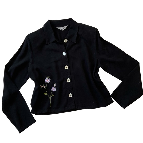 Vintage Tops - Vintage Embroidered Blouse Mother Of Pearl Buttons Black S